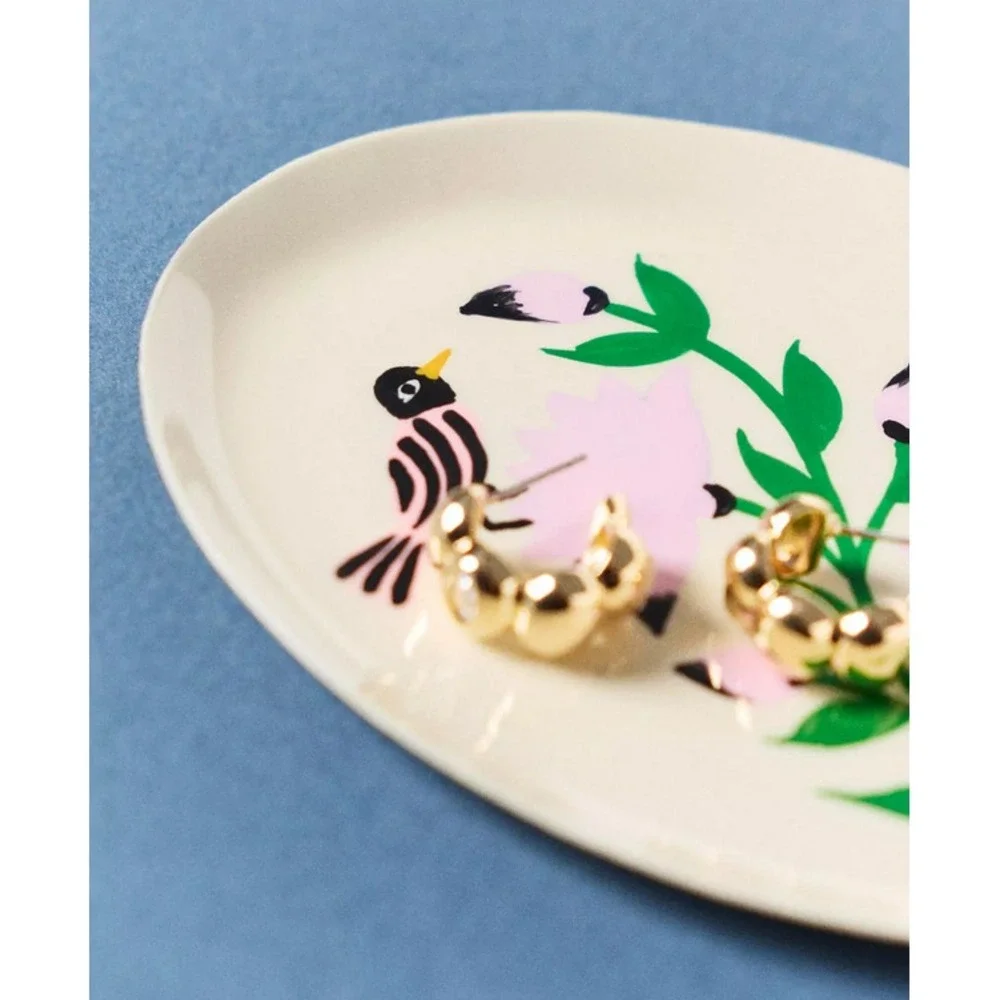 Anthropologie Enamel‎ Cottagecore Tray w Bird Flower Mini Trinket Jewelry Gift